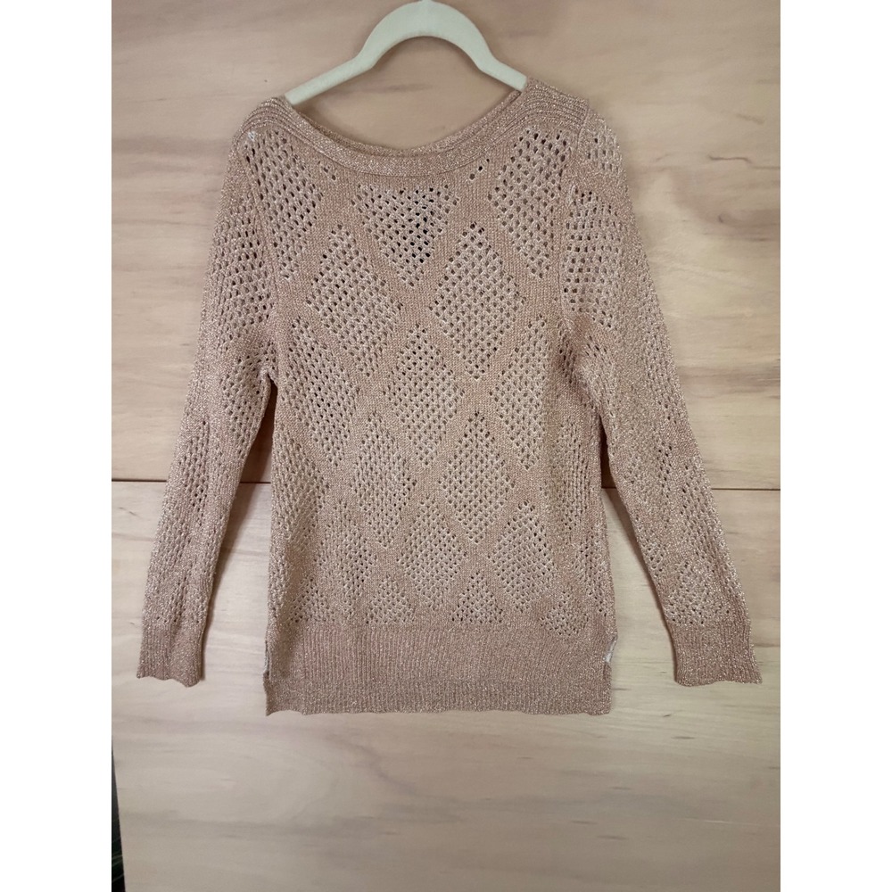 Chicos Black Label Rose Gold Metallic Linen Blend Diamond Open Knit Sweater 0 S